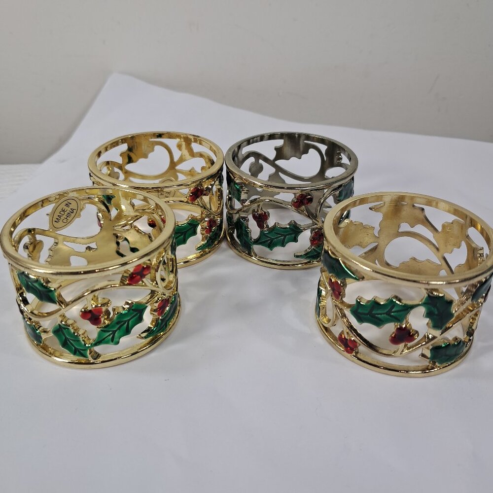 Lenox Holly & Berries Gold Napkin Rings‎ Set of 4 Christmas berry holders vines